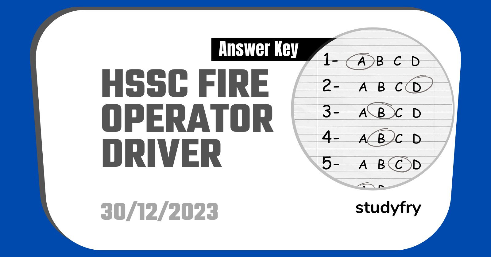 HSSC Fire Operator Driver Exam 30 December 2023 (Answer Key)