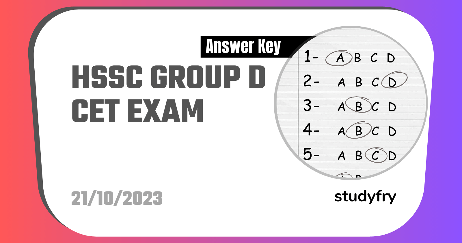 HSSC Group D CET Exam Paper 21 October 2023 (Answer Key) - Shift 1