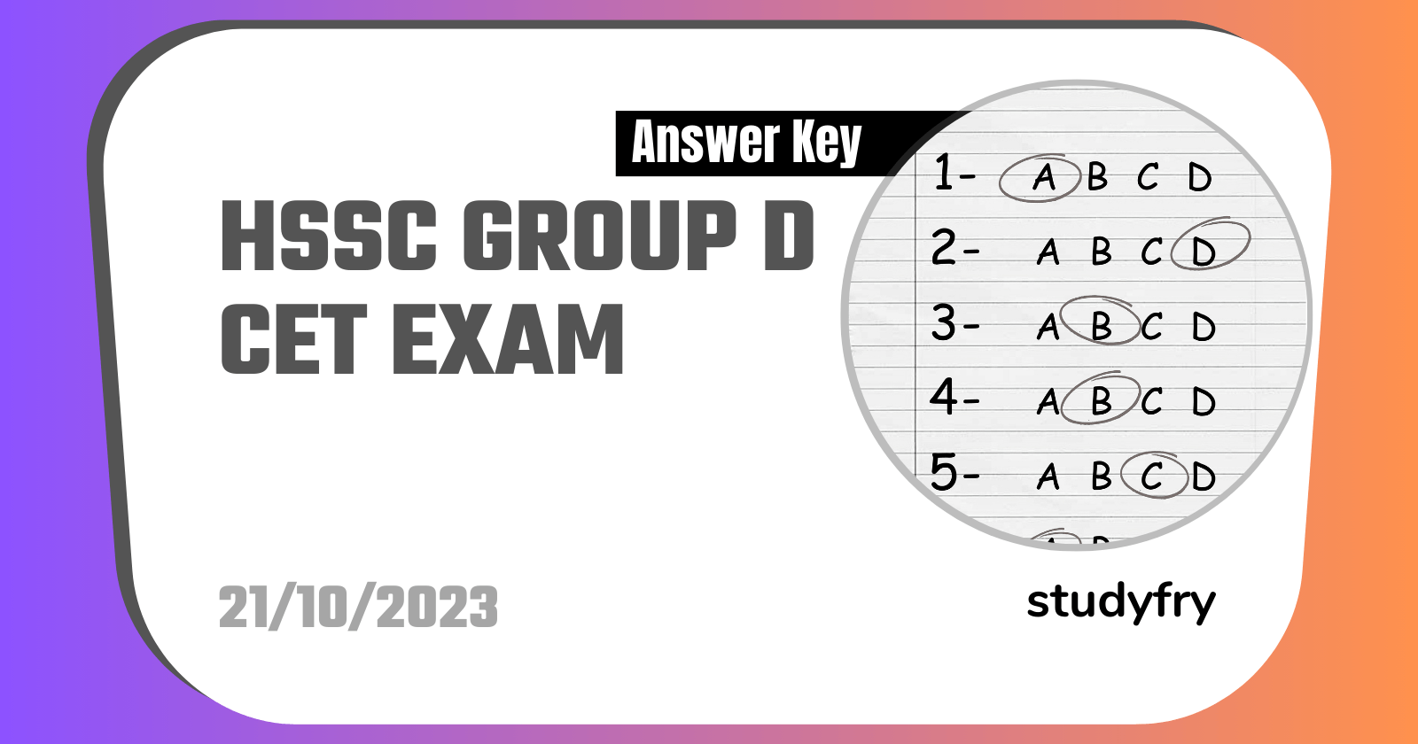 HSSC Group D CET Exam Paper 21 October 2023 (Answer Key) - Shift 2