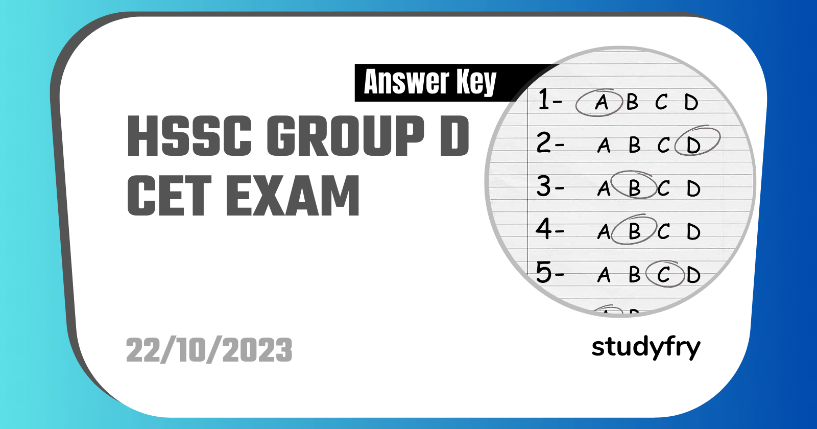 HSSC Group D CET Exam Paper 22 October 2023 (Answer Key) - Shift 1