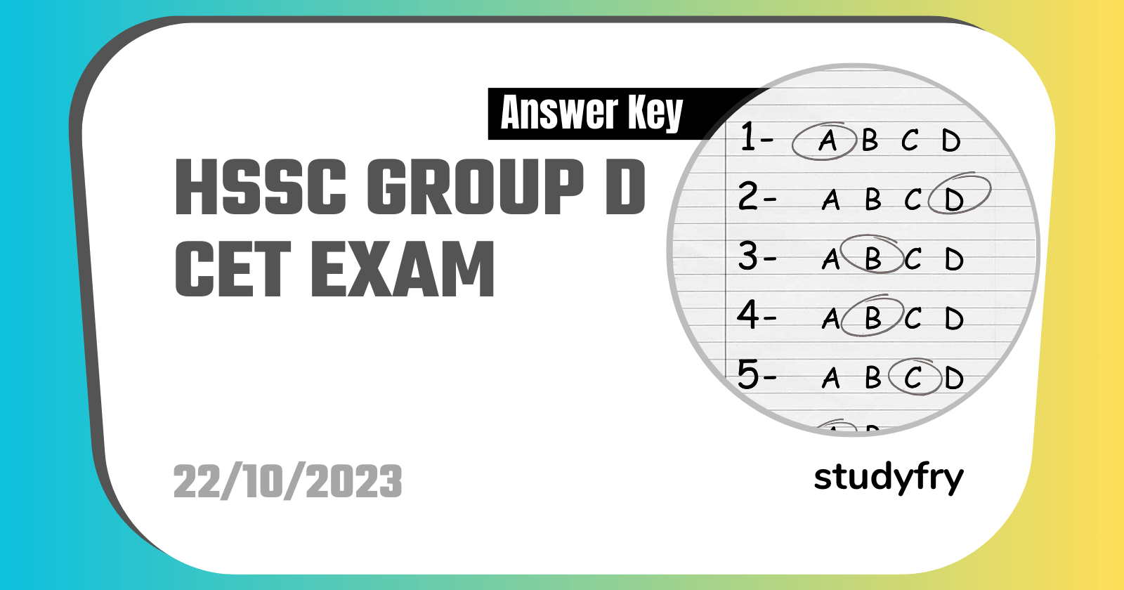 HSSC Group D CET Exam Paper 22 October 2023 (Answer Key) - Shift 2