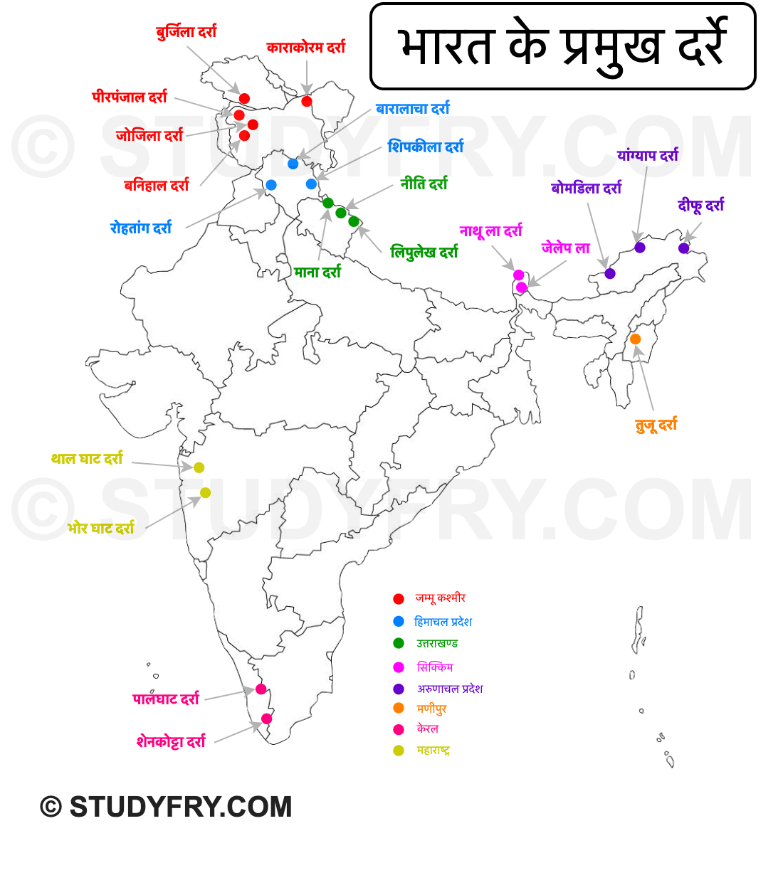 भारत के प्रमुख दर्रे Map